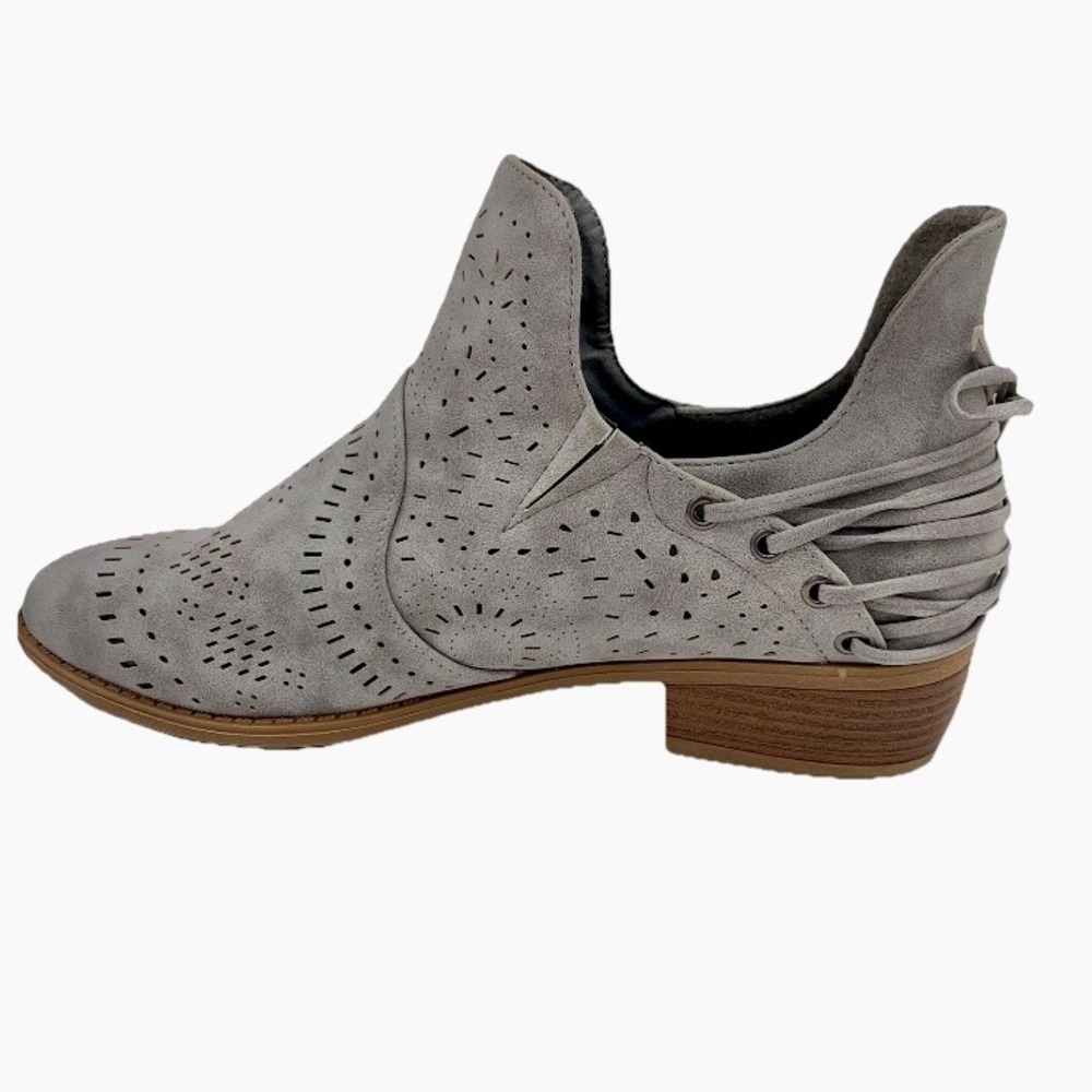 Jolimall Gray Faux Suede Laser Cut Out Ankle Booties Women 9 Boho Fall Bow EUC